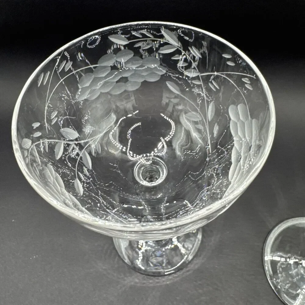 Set Of 2 Vintage Etched (Floral) Crystal Sherry Wine Cocktail Glasses 6”
